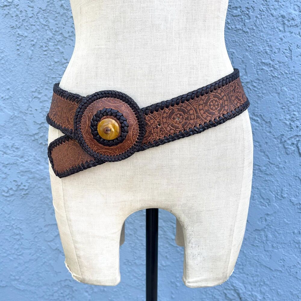 Chicos Bohemian Leather Belt in small Brown large buckle rodeo cowgirl